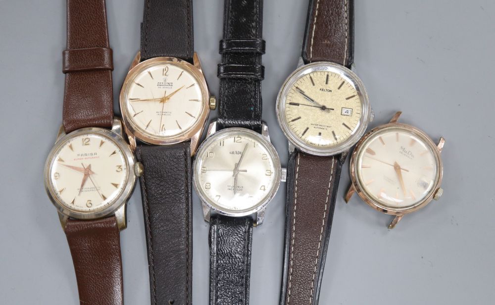 A gentlemans stainless steel Farisa Super Automatic wrist watch and four other gentlemans wrist watches.